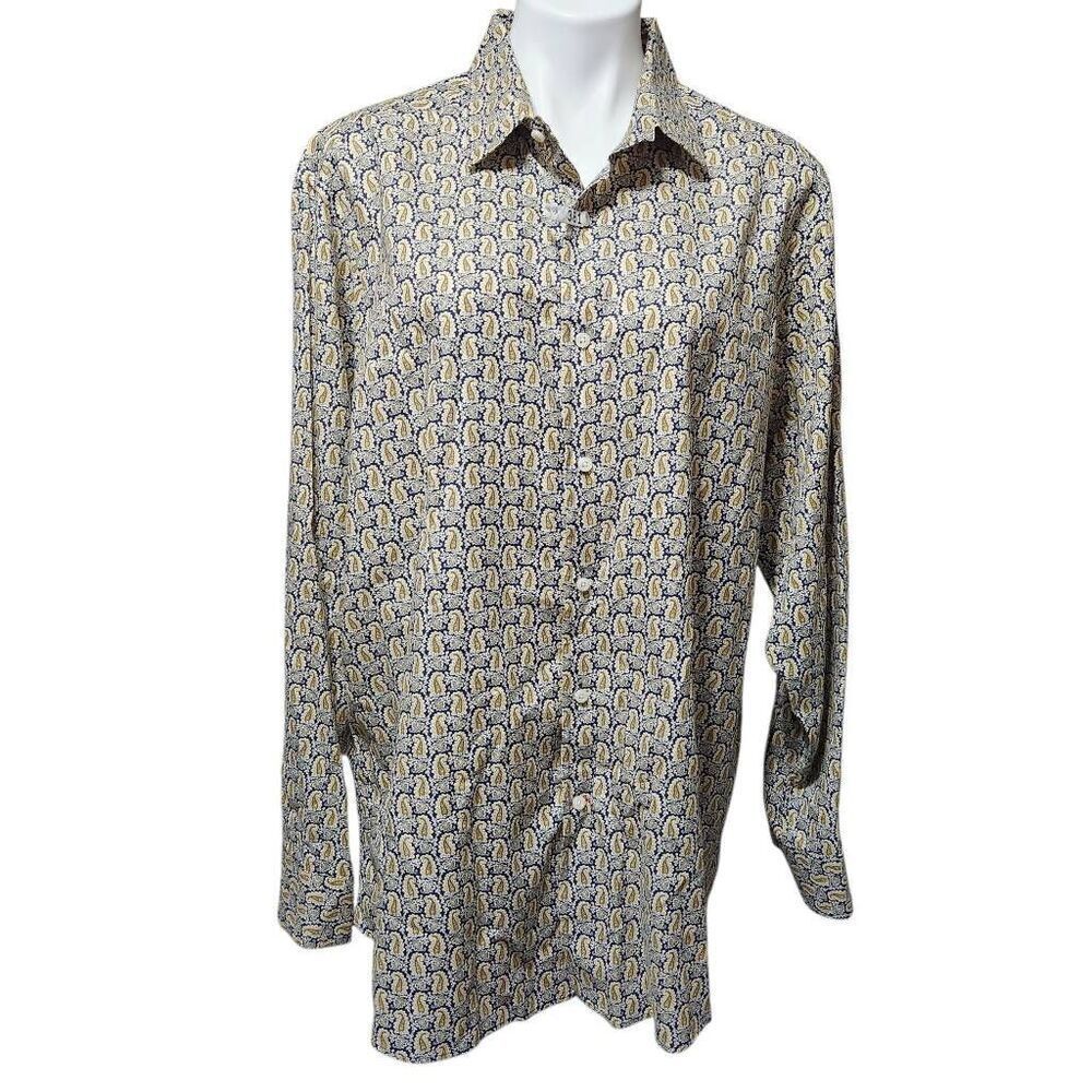 Cremieux button front long sleeve shirt 100% cotton paisley gold blue white XL